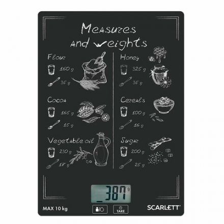 Весы кухонные SCARLETT SC-KS57P64, электронный дисплей, max вес 10 кг, тарокомпенсация, стекло Весы кухонные SCARLETT SC-KS57P64, электронный дисплей, max вес 10 кг, тарокомпенсация, стекло