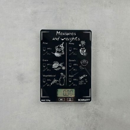 Весы кухонные SCARLETT SC-KS57P64, электронный дисплей, max вес 10 кг, тарокомпенсация, стекло Весы кухонные SCARLETT SC-KS57P64, электронный дисплей, max вес 10 кг, тарокомпенсация, стекло