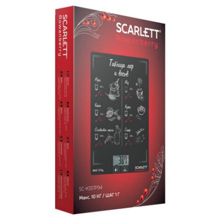 Весы кухонные SCARLETT SC-KS57P64, электронный дисплей, max вес 10 кг, тарокомпенсация, стекло Весы кухонные SCARLETT SC-KS57P64, электронный дисплей, max вес 10 кг, тарокомпенсация, стекло