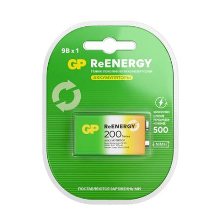 Батарейка аккумуляторная GP ReEnergy Ni-Mh 1 шт., "Крона" (20R8H 9V), 200 mAh, 20R8HRGY-2CRCB1 Батарейка аккумуляторная GP ReEnergy Ni-Mh 1 шт., "Крона" (20R8H 9V), 200 mAh, 20R8HRGY-2CRCB1
