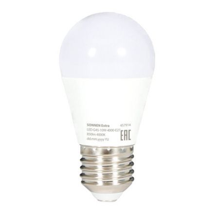 Лампа светодиодная SONNEN EXTRA, 10 (85) Вт, E27, шар, нейтральный белый, 30000 ч, LED G45-10W-4000-Е27, 457914 Лампа светодиодная SONNEN EXTRA, 10 (85) Вт, E27, шар, нейтральный белый, 30000 ч, LED G45-10W-4000-Е27, 457914