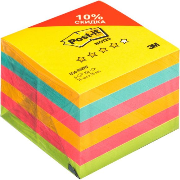 Стикеры Post-it 654-RNBW радуга плюс 76х76, 4 цвета, 6 бл.х100 л