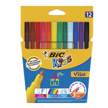 Фломастеры BIC "Kids Visa", 12 ЦВЕТОВ, суперсмываемые, вентилируемый колпачок, европодвес, 889695, 888695 Фломастеры BIC "Kids Visa", 12 ЦВЕТОВ, суперсмываемые, вентилируемый колпачок, европодвес, 889695, 888695