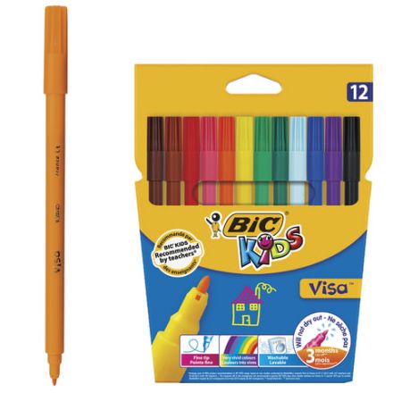 Фломастеры BIC "Kids Visa", 12 ЦВЕТОВ, суперсмываемые, вентилируемый колпачок, европодвес, 889695, 888695 Фломастеры BIC "Kids Visa", 12 ЦВЕТОВ, суперсмываемые, вентилируемый колпачок, европодвес, 889695, 888695