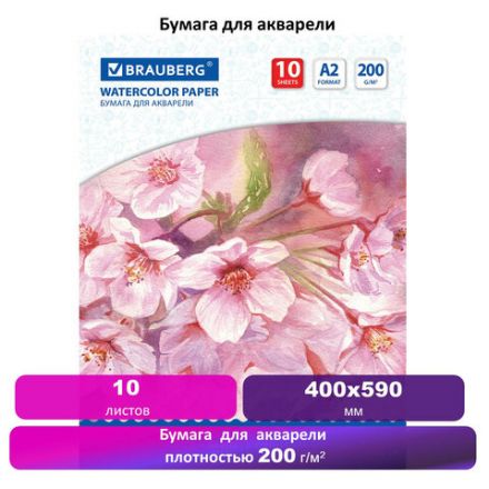 Бумага для акварели БОЛЬШАЯ А2, 10 л., 200 г/м2, 400х590 мм, BRAUBERG, "Цветы", 125223 Бумага для акварели БОЛЬШАЯ А2, 10 л., 200 г/м2, 400х590 мм, BRAUBERG, "Цветы", 125223