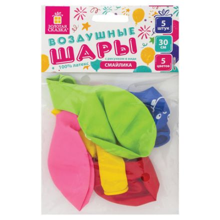 Шары воздушные ЗОЛОТАЯ СКАЗКА, 12" (30 см), КОМПЛЕКТ 5 штук, ассорти 5 цветов, с рисунком "Смайл", пакет, 105017 Шары воздушные ЗОЛОТАЯ СКАЗКА, 12" (30 см), КОМПЛЕКТ 5 штук, ассорти 5 цветов, с рисунком "Смайл", пакет, 105017