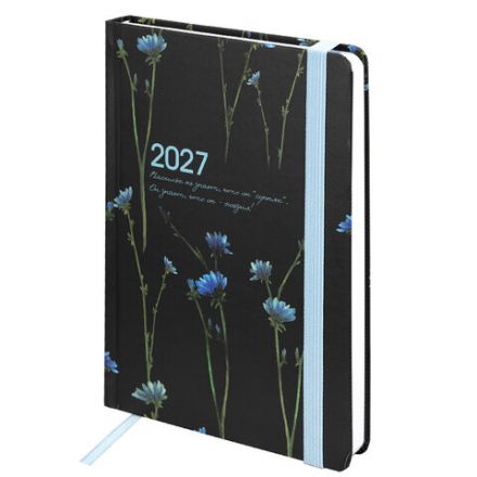 Ежедневник датированный 2027 с резинкой, 145х203 мм, А5, BRAUBERG, твердый, "Васильки", 117835