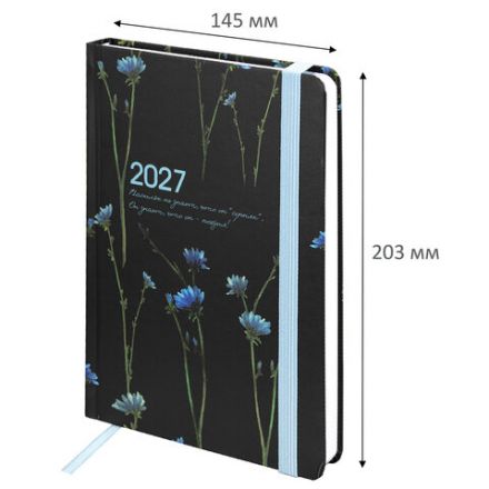 Ежедневник датированный 2027 с резинкой, 145х203 мм, А5, BRAUBERG, твердый, "Васильки", 117835