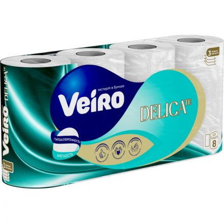 Бумага туалетная Veiro Delicate Ц 3сл 120л 15м 8рул/уп СПБ
