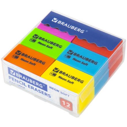 Ластики BRAUBERG NEON SOFT НАБОР 12 штук, размер ластика 31х20х10 мм, экологичный ПВХ, 271339 Ластики BRAUBERG NEON SOFT НАБОР 12 штук, размер ластика 31х20х10 мм, экологичный ПВХ, 271339