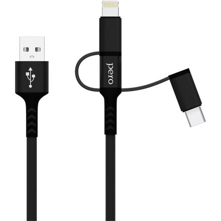Кабель PERO, DC-06, 2.4А, 2м, Lightning/micro USB/Type-C, черный