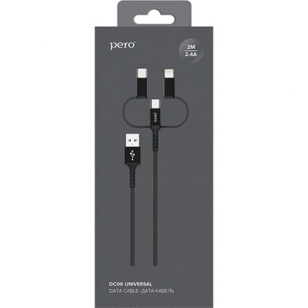 Кабель PERO, DC-06, 2.4А, 2м, Lightning/micro USB/Type-C, черный