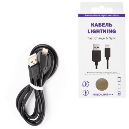 Кабель USB 2.0 – Lightning, 1 м, RED LINE, для подключения портативных устройств, черный, УТ000008646 Кабель USB 2.0 – Lightning, 1 м, RED LINE, для подключения портативных устройств, черный, УТ000008646