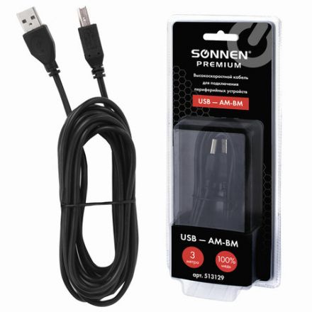 Кабель USB 2.0 AM-BM, 3 м, SONNEN Premium, медь, для подключения принтеров, сканеров, МФУ, плоттеров, экранированный, черный, 513129 Кабель USB 2.0 AM-BM, 3 м, SONNEN Premium, медь, для подключения принтеров, сканеров, МФУ, плоттеров, экранированный, черный, 513129