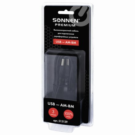 Кабель USB 2.0 AM-BM, 3 м, SONNEN Premium, медь, для подключения принтеров, сканеров, МФУ, плоттеров, экранированный, черный, 513129 Кабель USB 2.0 AM-BM, 3 м, SONNEN Premium, медь, для подключения принтеров, сканеров, МФУ, плоттеров, экранированный, черный, 513129