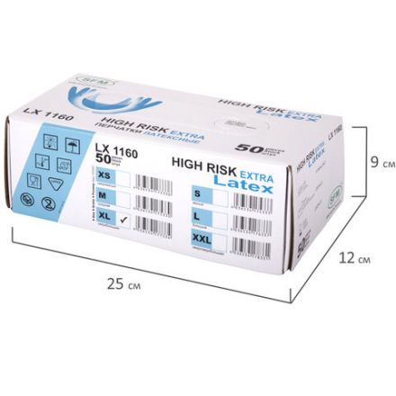 Перчатки латексные смотровые сверхпрочные SFM HIGH RISK LX 1160, Германия, 25 пар (50 штук), размер 9-10, XL (очень большой) Перчатки латексные смотровые сверхпрочные SFM HIGH RISK LX 1160, Германия, 25 пар (50 штук), размер 9-10, XL (очень большой)