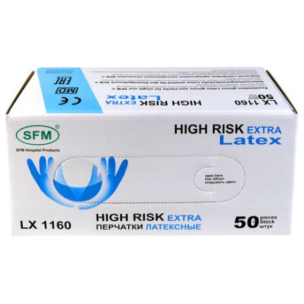 Перчатки латексные смотровые сверхпрочные SFM HIGH RISK LX 1160, Германия, 25 пар (50 штук), размер 9-10, XL (очень большой) Перчатки латексные смотровые сверхпрочные SFM HIGH RISK LX 1160, Германия, 25 пар (50 штук), размер 9-10, XL (очень большой)