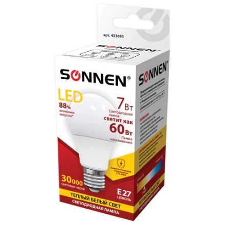 Лампа светодиодная SONNEN, 7 (60) Вт, цоколь E27, груша, теплый белый свет, 30000 ч, LED A55-7W-2700-E27, 453693 Лампа светодиодная SONNEN, 7 (60) Вт, цоколь E27, груша, теплый белый свет, 30000 ч, LED A55-7W-2700-E27, 453693