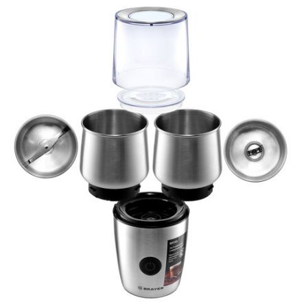 Кофемолка с капучинатором BRAYER BR1185, 200 Вт, вместимость 100 г, сталь Кофемолка с капучинатором BRAYER BR1185, 200 Вт, вместимость 100 г, сталь