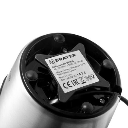 Кофемолка с капучинатором BRAYER BR1185, 200 Вт, вместимость 100 г, сталь Кофемолка с капучинатором BRAYER BR1185, 200 Вт, вместимость 100 г, сталь