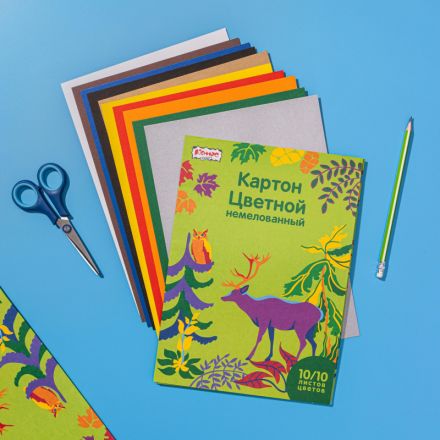 Картон цветной №1School, 10л, 10цв, А4, Живая природа, немелованный