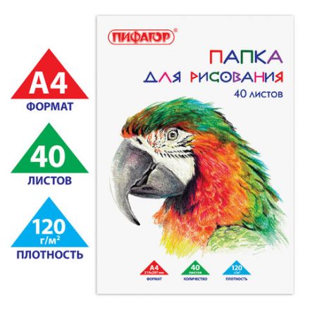 Папка для рисования, А4, 40 л., 120 г/м2, ПИФАГОР, 210х297 мм, "Попугай", 129222 Папка для рисования, А4, 40 л., 120 г/м2, ПИФАГОР, 210х297 мм, "Попугай", 129222