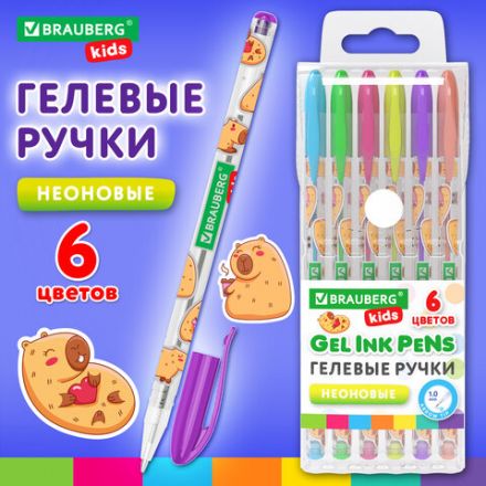 Ручки гелевые НЕОНОВЫЕ BRAUBERG KIDS "CUTE ANIMALS", НАБОР 6 ЦВЕТОВ, корпус с печатью, узел 1 мм, линия письма 0,7 мм, 144442 Ручки гелевые НЕОНОВЫЕ BRAUBERG KIDS "CUTE ANIMALS", НАБОР 6 ЦВЕТОВ, корпус с печатью, узел 1 мм, линия письма 0,7 мм, 144442