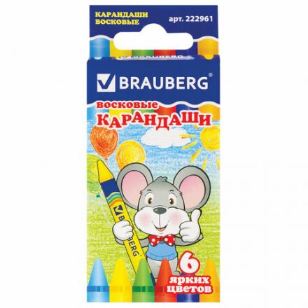 Восковые мелки BRAUBERG, НАБОР 6 цветов, 222961