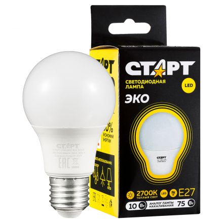 Лампа светодиодная Старт LED, серия "WS" 10W30, тип А "груша", E27, 2700К, теплый свет, 25000ч Лампа светодиодная Старт LED, серия "WS" 10W30, тип А "груша", E27, 2700К, теплый свет, 25000ч