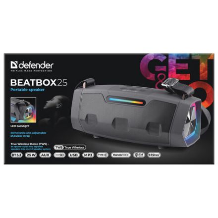 Колонка портативная DEFENDER Beatbox 25, 25 Вт, 3000 мАч, Bluetooth, FM, Type-C, черная, 65325