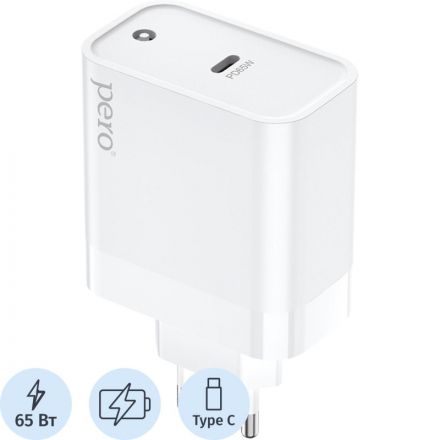 Зарядное устройство сетевое PERO TC16 GaN, USB-C PD, 65W белый