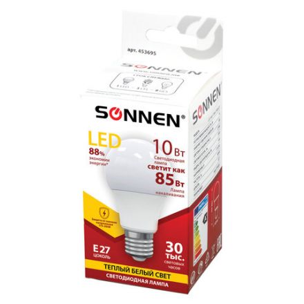 Лампа светодиодная SONNEN, 10 (85) Вт, цоколь Е27, груша, теплый белый свет, 30000 ч, LED A60-10W-2700-E27, 453695 Лампа светодиодная SONNEN, 10 (85) Вт, цоколь Е27, груша, теплый белый свет, 30000 ч, LED A60-10W-2700-E27, 453695
