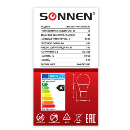 Лампа светодиодная SONNEN, 10 (85) Вт, цоколь Е27, груша, теплый белый свет, 30000 ч, LED A60-10W-2700-E27, 453695 Лампа светодиодная SONNEN, 10 (85) Вт, цоколь Е27, груша, теплый белый свет, 30000 ч, LED A60-10W-2700-E27, 453695