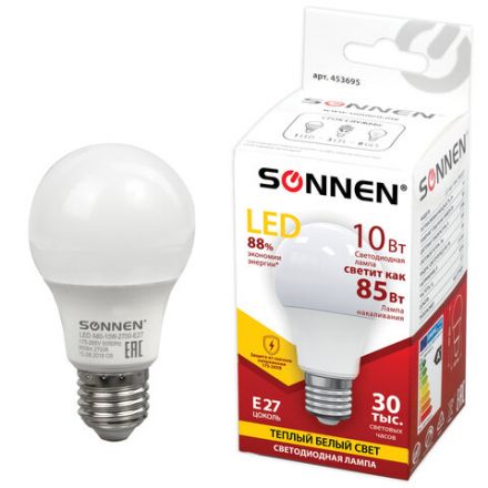 Лампа светодиодная SONNEN, 10 (85) Вт, цоколь Е27, груша, теплый белый свет, 30000 ч, LED A60-10W-2700-E27, 453695 Лампа светодиодная SONNEN, 10 (85) Вт, цоколь Е27, груша, теплый белый свет, 30000 ч, LED A60-10W-2700-E27, 453695