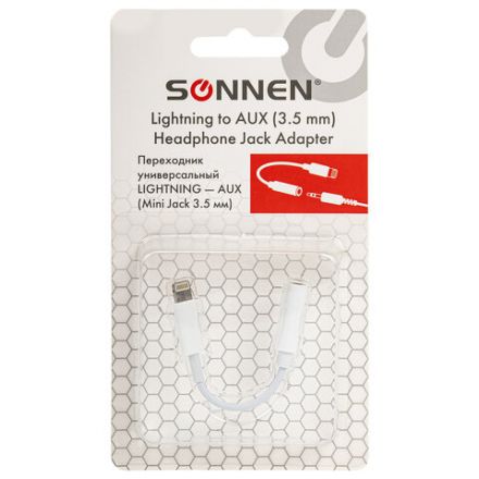 Переходник для наушников с iPhone LIGHTNING на AUX (MINI JACK 3.5 мм), SONNEN, 0,1 м, белый, 513565 Переходник для наушников с iPhone LIGHTNING на AUX (MINI JACK 3.5 мм), SONNEN, 0,1 м, белый, 513565