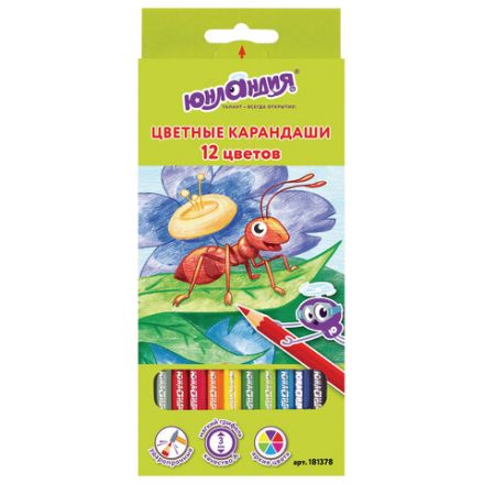Карандаши цветные ЮНЛАНДИЯ "В ГОСТЯХ У БУКАШЕК", 12 цветов, шестигранные, грифель 3 мм, натуральное дерево, 181378 Карандаши цветные ЮНЛАНДИЯ "В ГОСТЯХ У БУКАШЕК", 12 цветов, шестигранные, грифель 3 мм, натуральное дерево, 181378