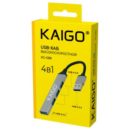 USB-хаб KG-088, USB-A 3.2, высокоскоростной, 4в1, 1хUSB-A 3.2, 3xUSB-A 2.0, 60 мм, серый, KAIGO, 355062