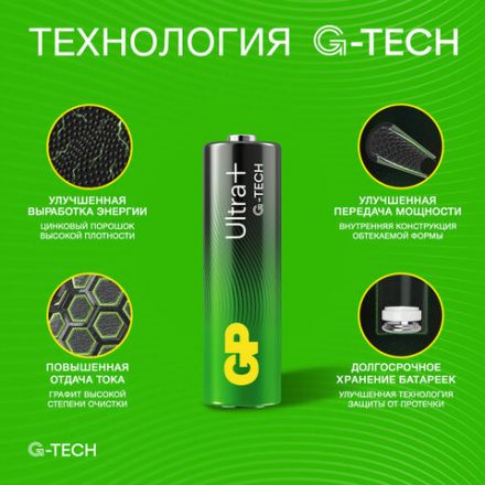 Батарейки КОМПЛЕКТ 4 шт., GP Ultra Plus G-Tech, AA (LR6), алкалиновые, пальчиковые, 15AUPA21-2CRSB4 Батарейки КОМПЛЕКТ 4 шт., GP Ultra Plus G-Tech, AA (LR6), алкалиновые, пальчиковые, 15AUPA21-2CRSB4