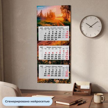 Календарь настенный 3-х блочный 2027 Attache Премиум Дорога в лесу 340х840