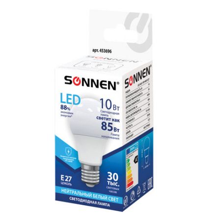 Лампа светодиодная SONNEN, 10 (85) Вт, цоколь Е27, груша, нейтральный белый свет, 30000 ч, LED A60-10W-4000-E27, 453696 Лампа светодиодная SONNEN, 10 (85) Вт, цоколь Е27, груша, нейтральный белый свет, 30000 ч, LED A60-10W-4000-E27, 453696