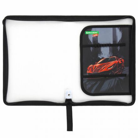 Папка для труда на молнии BRAUBERG KIDS А4, 1 отделение, прозрачная, органайзер, "Red car", 272209