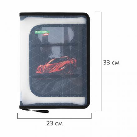 Папка для труда на молнии BRAUBERG KIDS А4, 1 отделение, прозрачная, органайзер, "Red car", 272209