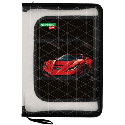 Папка для труда на молнии BRAUBERG KIDS А4, 1 отделение, прозрачная, органайзер, "Red car", 272209