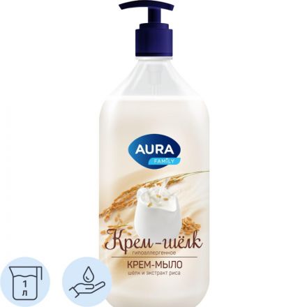 Крем-мыло AURA Шелк и рисовое молочко Silky Cream флакон/дозатор, 1000мл Крем-мыло AURA Шелк и рисовое молочко Silky Cream флакон/дозатор, 1000мл