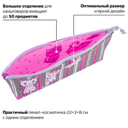 Пенал-косметичка BRAUBERG треугольный, мягкий, "Kittens", 22х3х8 см, 229255 Пенал-косметичка BRAUBERG треугольный, мягкий, "Kittens", 22х3х8 см, 229255