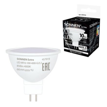 Лампа светодиодная SONNEN EXTRA, 10 (90) Вт, GU5.3, софит, нейтральный белый, 30000 ч, LED MR16-GU5.3-10W-4000, 457919 Лампа светодиодная SONNEN EXTRA, 10 (90) Вт, GU5.3, софит, нейтральный белый, 30000 ч, LED MR16-GU5.3-10W-4000, 457919