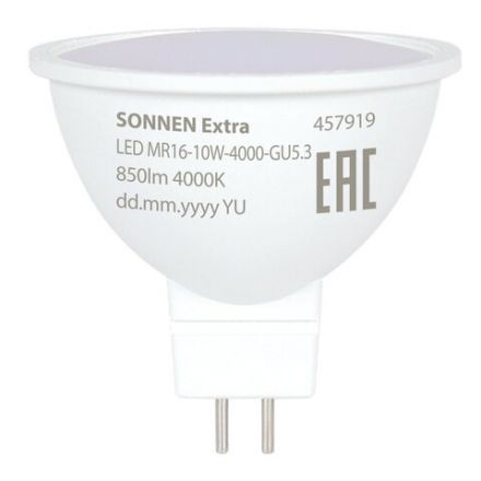 Лампа светодиодная SONNEN EXTRA, 10 (90) Вт, GU5.3, софит, нейтральный белый, 30000 ч, LED MR16-GU5.3-10W-4000, 457919 Лампа светодиодная SONNEN EXTRA, 10 (90) Вт, GU5.3, софит, нейтральный белый, 30000 ч, LED MR16-GU5.3-10W-4000, 457919