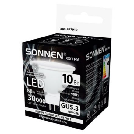 Лампа светодиодная SONNEN EXTRA, 10 (90) Вт, GU5.3, софит, нейтральный белый, 30000 ч, LED MR16-GU5.3-10W-4000, 457919 Лампа светодиодная SONNEN EXTRA, 10 (90) Вт, GU5.3, софит, нейтральный белый, 30000 ч, LED MR16-GU5.3-10W-4000, 457919