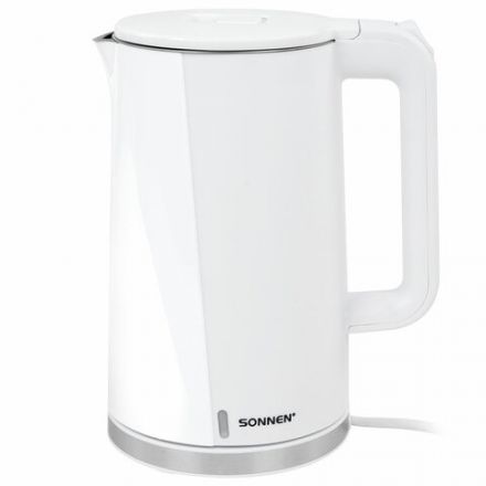 Чайник электрический с двойными стенками SONNEN KT-8718W, 1,7 л, 2200 Вт, белый, 454685