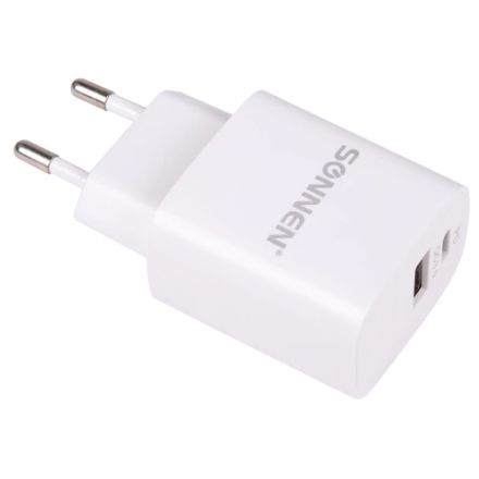 Зарядное устройство быстрое сетевое (220 В) SONNEN, USB QC 3.0 + Type-C PD 20 Вт, 3 А, белое, 455505